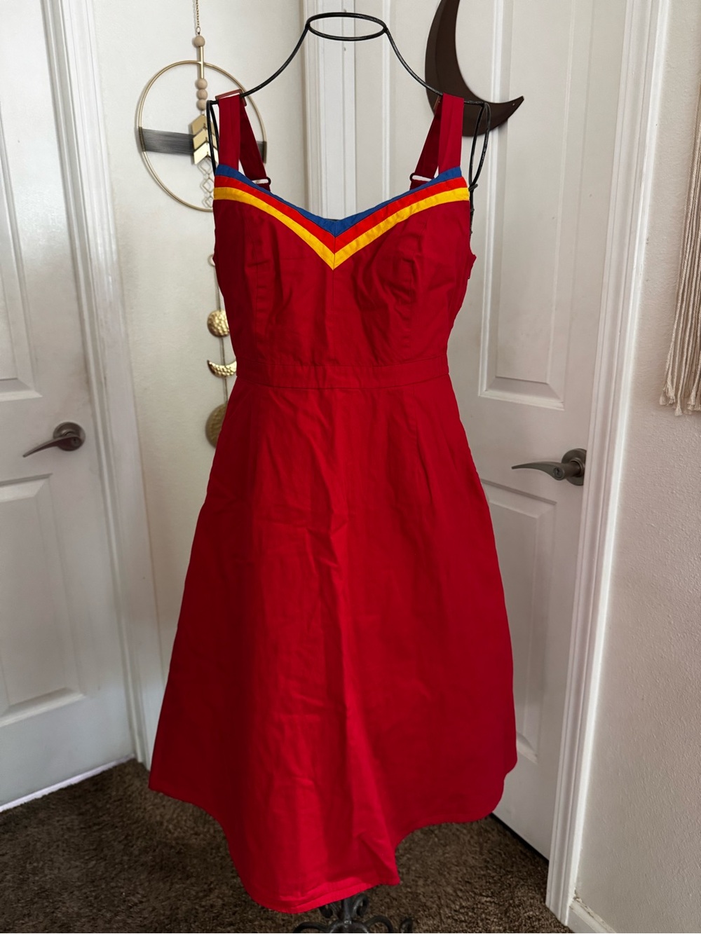 ModCloth Red Midi Dress with Blue and Yellow Trim